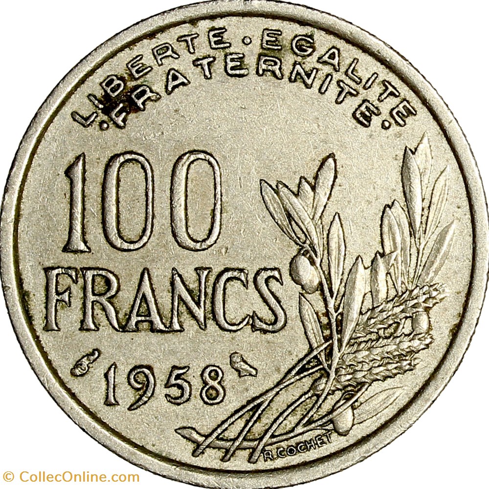 100 francs Cochet, IVe République, 1958, chouette monnaies monde france 100 francs cochet ive republique 1958 chouette