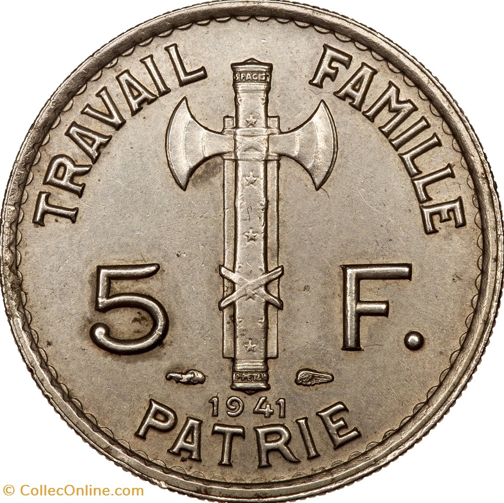 monnaies monde france 5 francs petain etat francais 1941