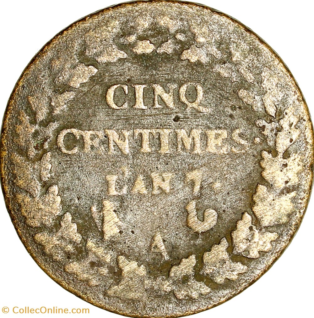 Cinq centimes Dupré, grand module, le Directoire, an 7, Paris monnaies monde france cinq centimes dupre grand module le directoire an 7 paris