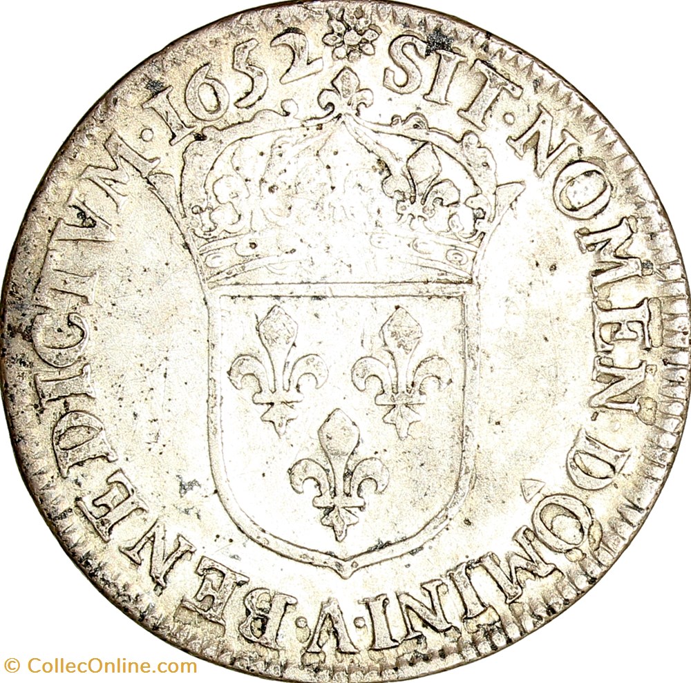 Quart d'écu à la mèche longue, Louis XIV, 1652, Paris monnaies europe medievale france royales quart ecu a la meche longue louis xiv 1652 paris
