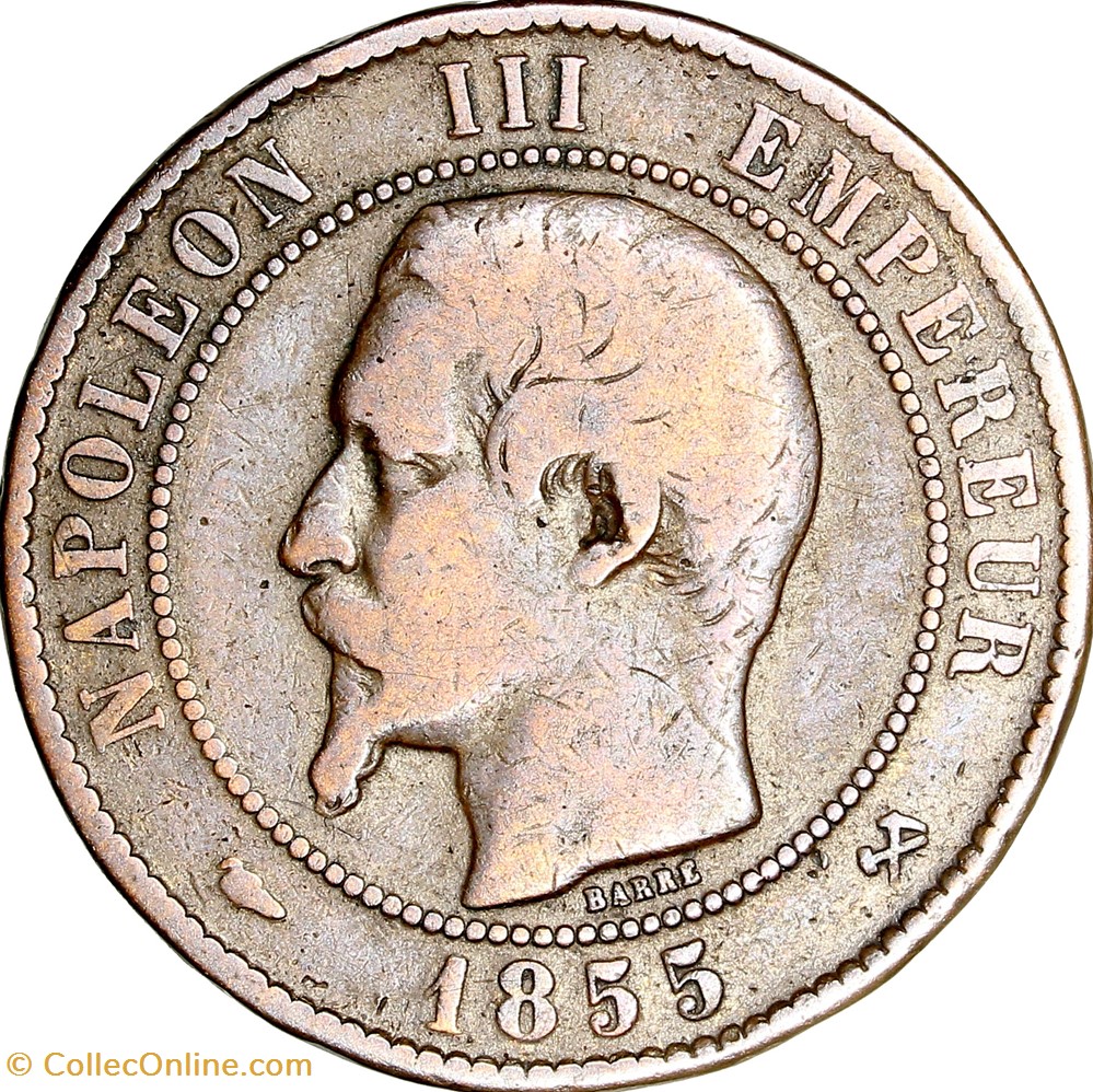 Dix centimes, tête nue, Napoléon III, 1855, chien, Rouen monnaies monde france dix centimes tete nue napoleon iii 1855 chien rouen