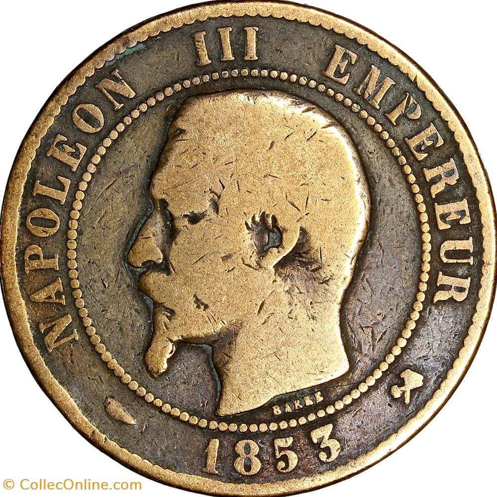 Dix centimes, tête nue, Napoléon III, 1853, Rouen monnaies monde france dix centimes tete nue napoleon iii 1853 rouen