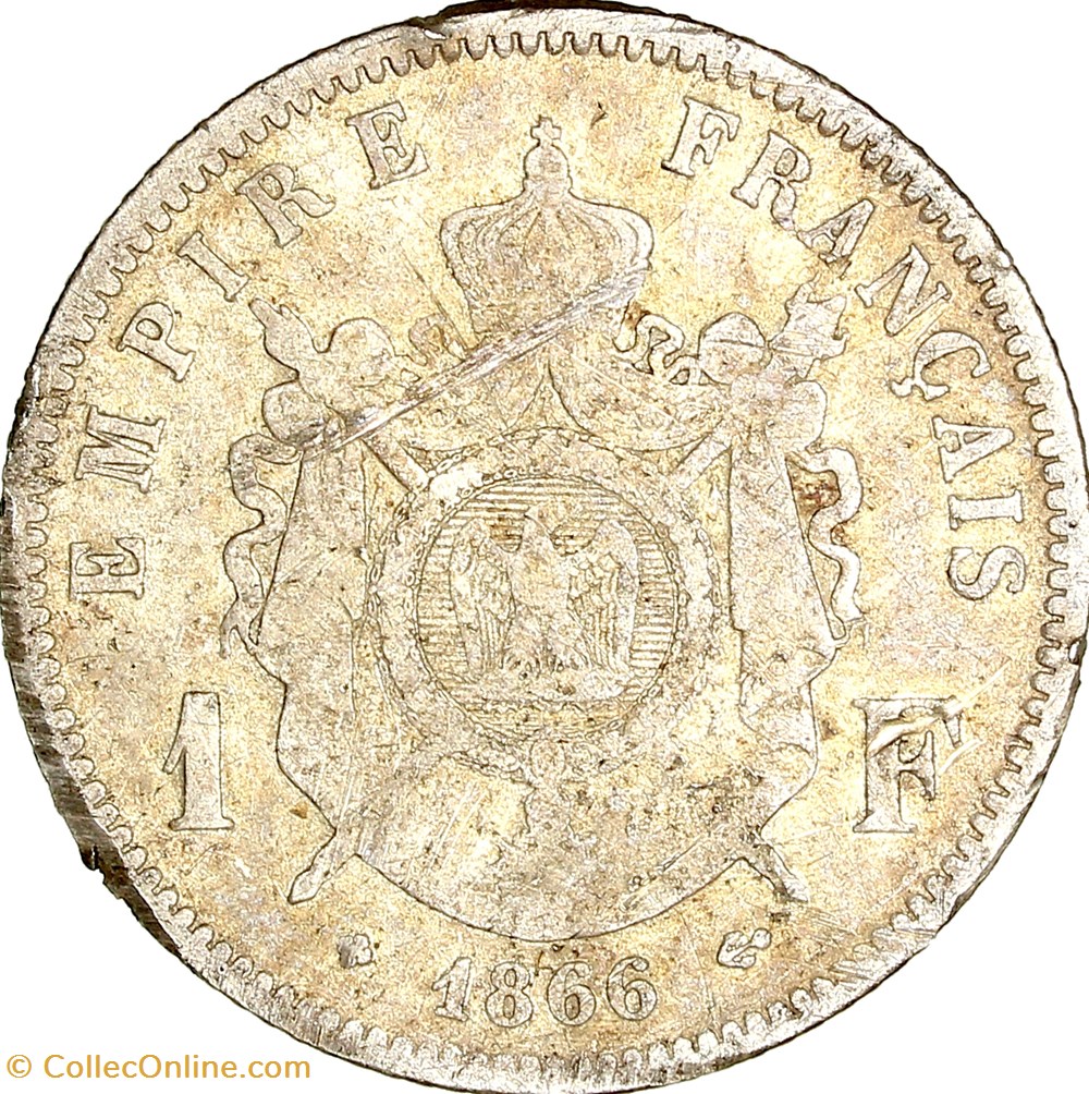 1 franc, tête laurée, Napoléon III, 1866, Strasbourg monnaies monde france 1 franc tete lauree napoleon iii 1866 strasbourg