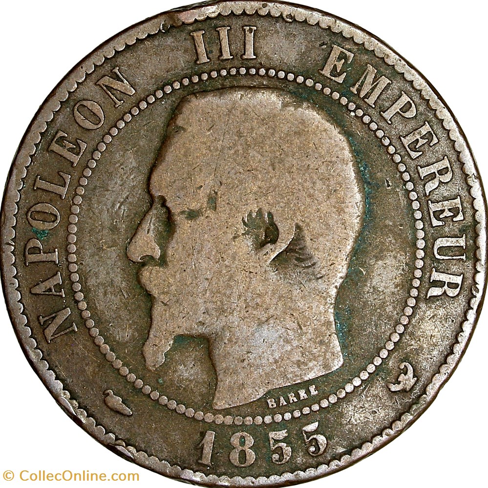 Dix centimes, tête nue, Napoléon III, 1855, chien, Lille monnaies monde france dix centimes tete nue napoleon iii 1855 chien lille