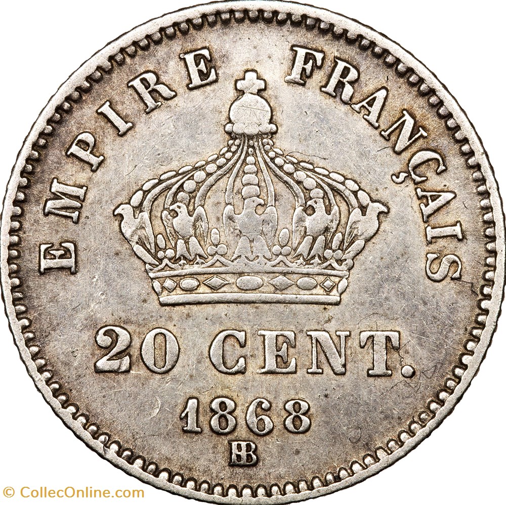 20 centimes Napoléon III, tête laurée, grand module, Napoléon III, 1868, Strasbourg monnaies monde france 20 centimes napoleon iii tete lauree grand module napoleon iii 1868 strasbourg