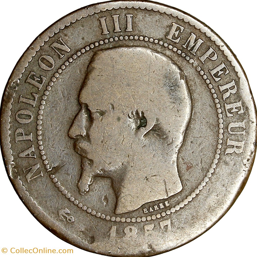 Dix centimes, tête nue, Napoléon III, 1857, Paris monnaies monde france dix centimes tete nue napoleon iii 1857 paris