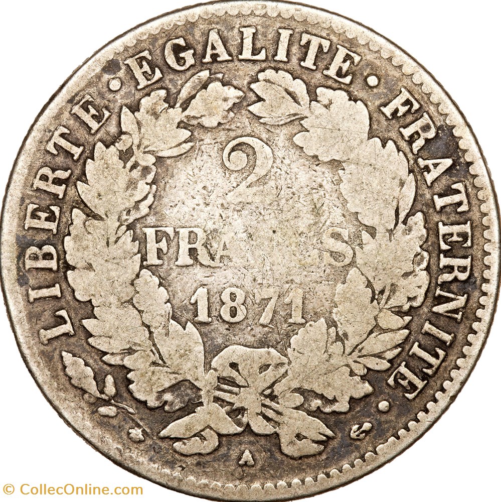 2 francs Cérès, avec légende, IIIe République, 1871, petit A, Paris monnaies monde france 2 francs ceres avec legende iiie republique 1871 petit a paris