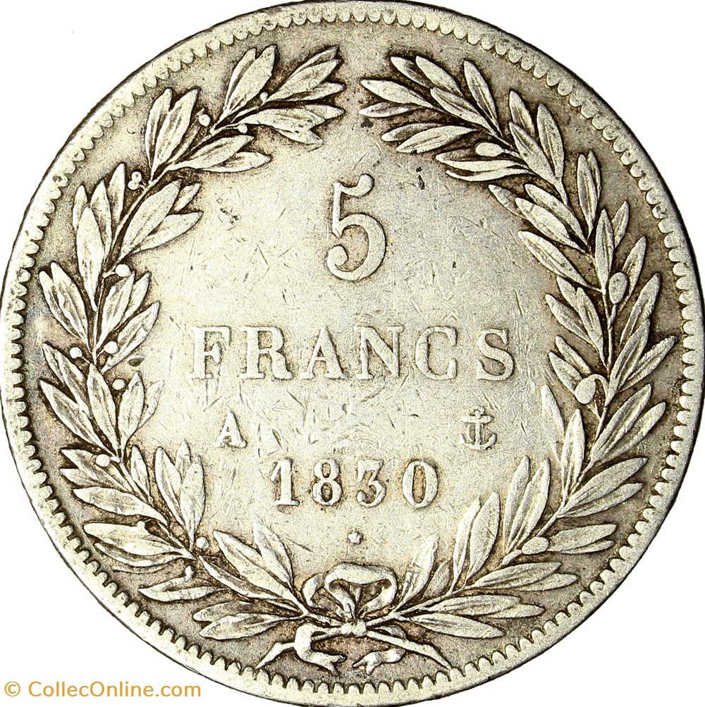5 francs, type Tiolier, avec I, tranche en relief, Louis-Philippe Ier, 1830, Paris monnaies monde france 5 francs type tiolier avec i tranche en relief louis philippe ier 1830 paris