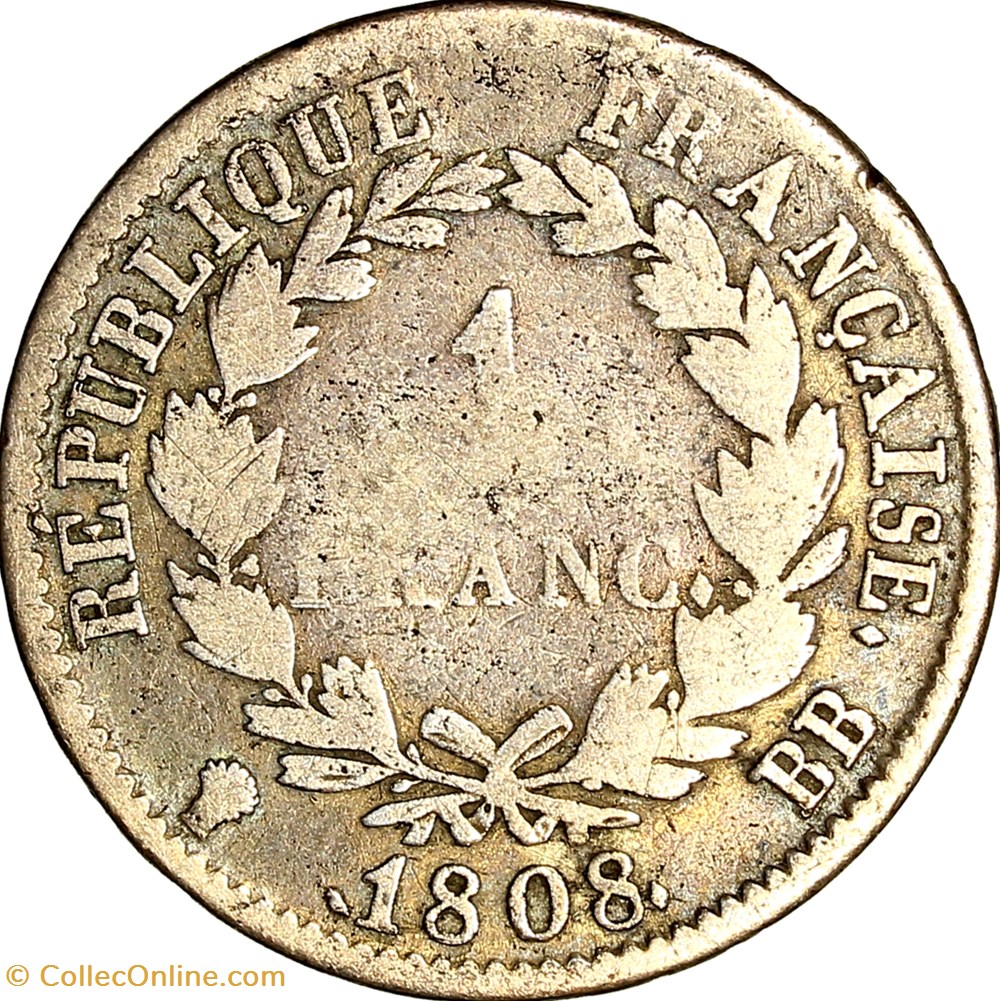 1 franc, tête laurée, République, Napoléon Ier, 1808, Strasbourg monnaies monde france 1 franc tete lauree republique napoleon ier 1808 strasbourg