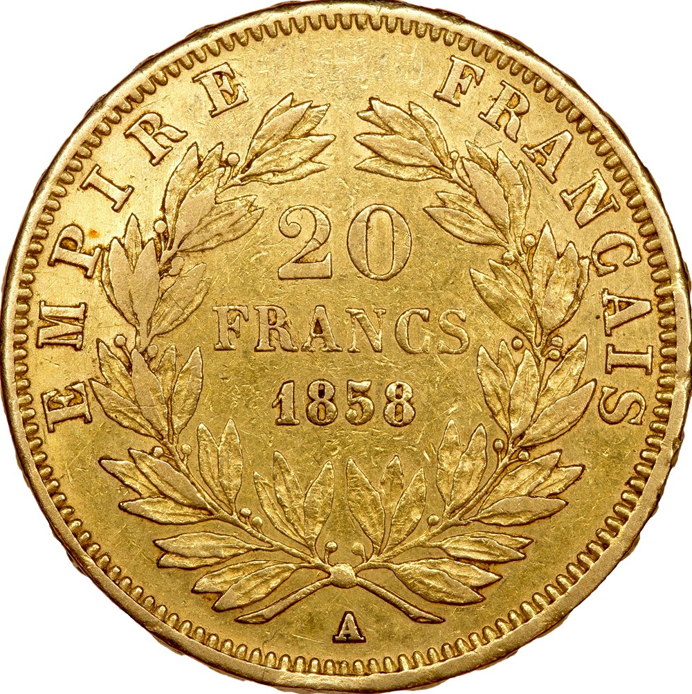 monnaies monde france 20 francs tete nue napoleon iii 1858 paris