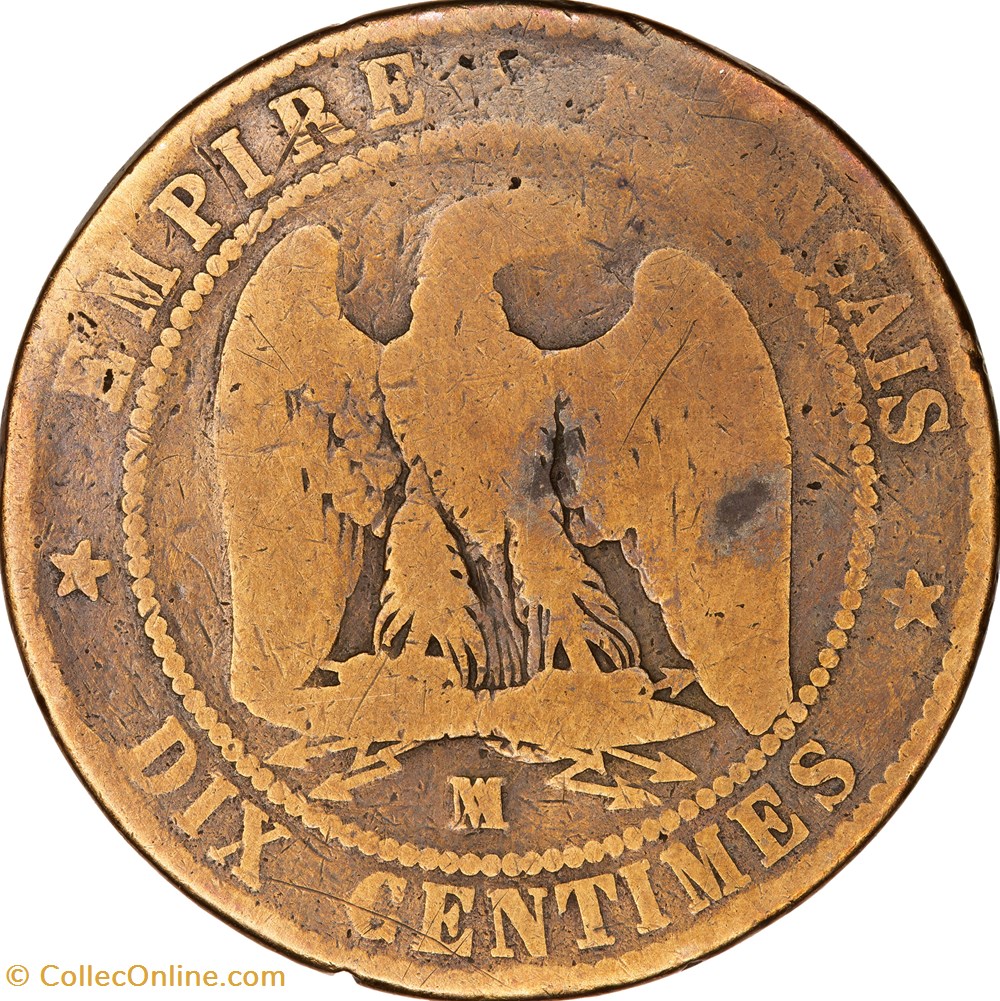 Dix centimes, tête nue, Napoléon III, 1853, coquille à l'envers, Marseille monnaies monde france dix centimes tete nue napoleon iii 1853 coquille a envers marseille