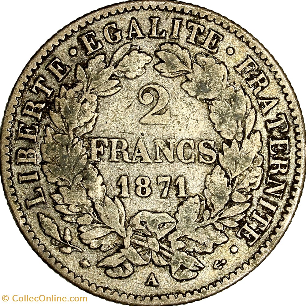 2 francs Cérès, avec légende, IIIe République, 1871, A normal, Paris monnaies monde france 2 francs ceres avec legende iiie republique 1871 a normal paris