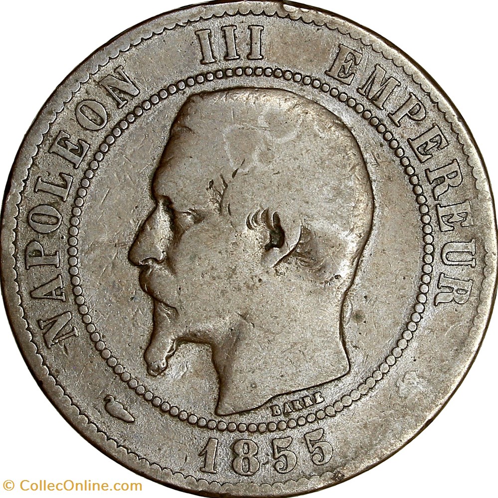 Dix centimes, tête nue, Napoléon III, 1855, chien, Bordeaux monnaies monde france dix centimes tete nue napoleon iii 1855 chien bordeaux