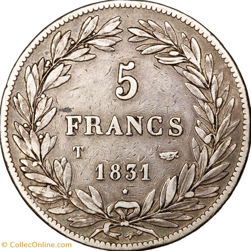 5 francs, type Tiolier, avec I, tranche en creux, Louis-Philippe Ier, 1831, Nantes monnaies monde france 5 francs type tiolier avec i tranche en creux louis philippe ier 1831 nantes