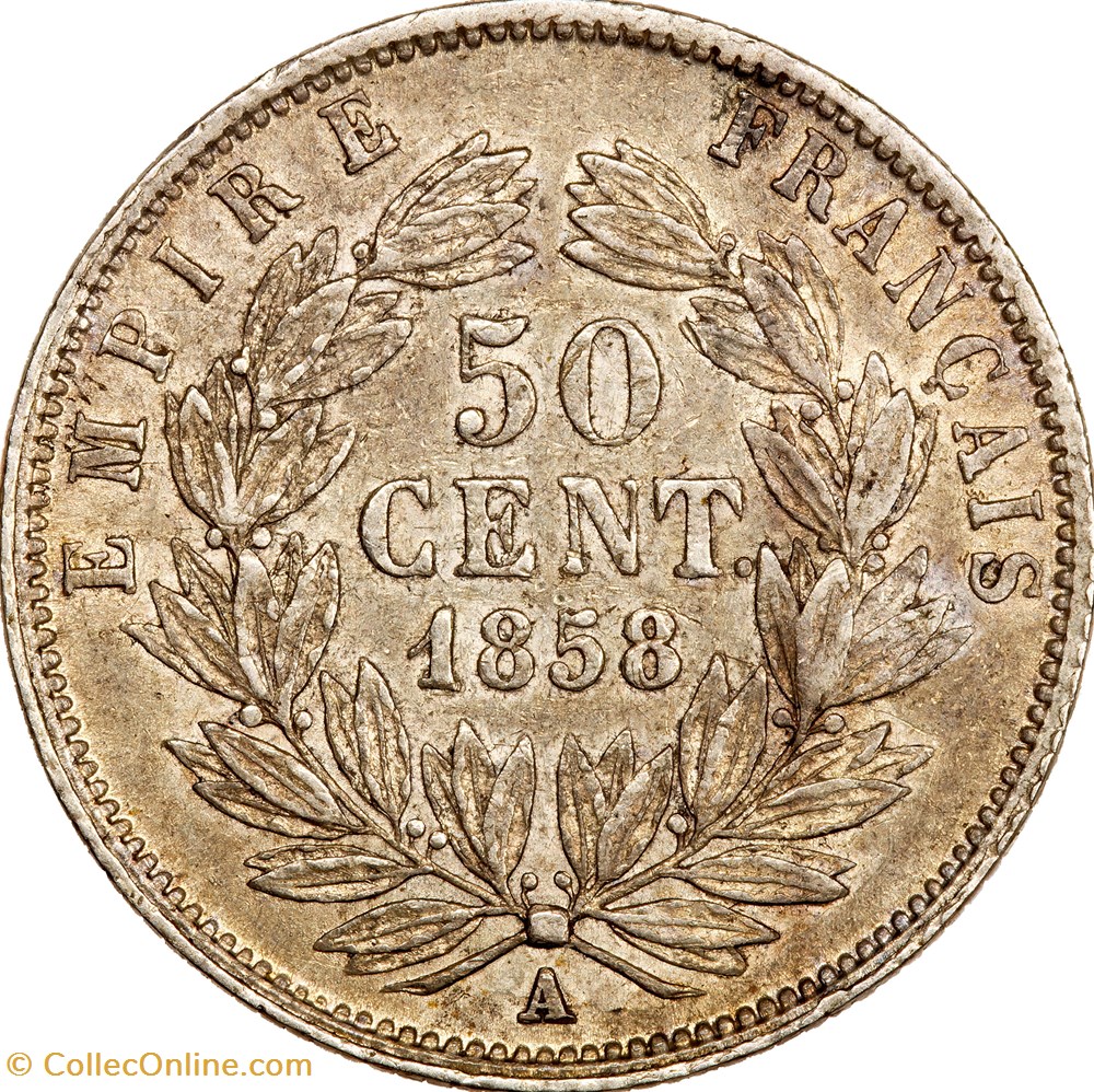50 centimes, tête nue, Napoléon III, 1858, Paris monnaies monde france 50 centimes tete nue napoleon iii 1858 paris