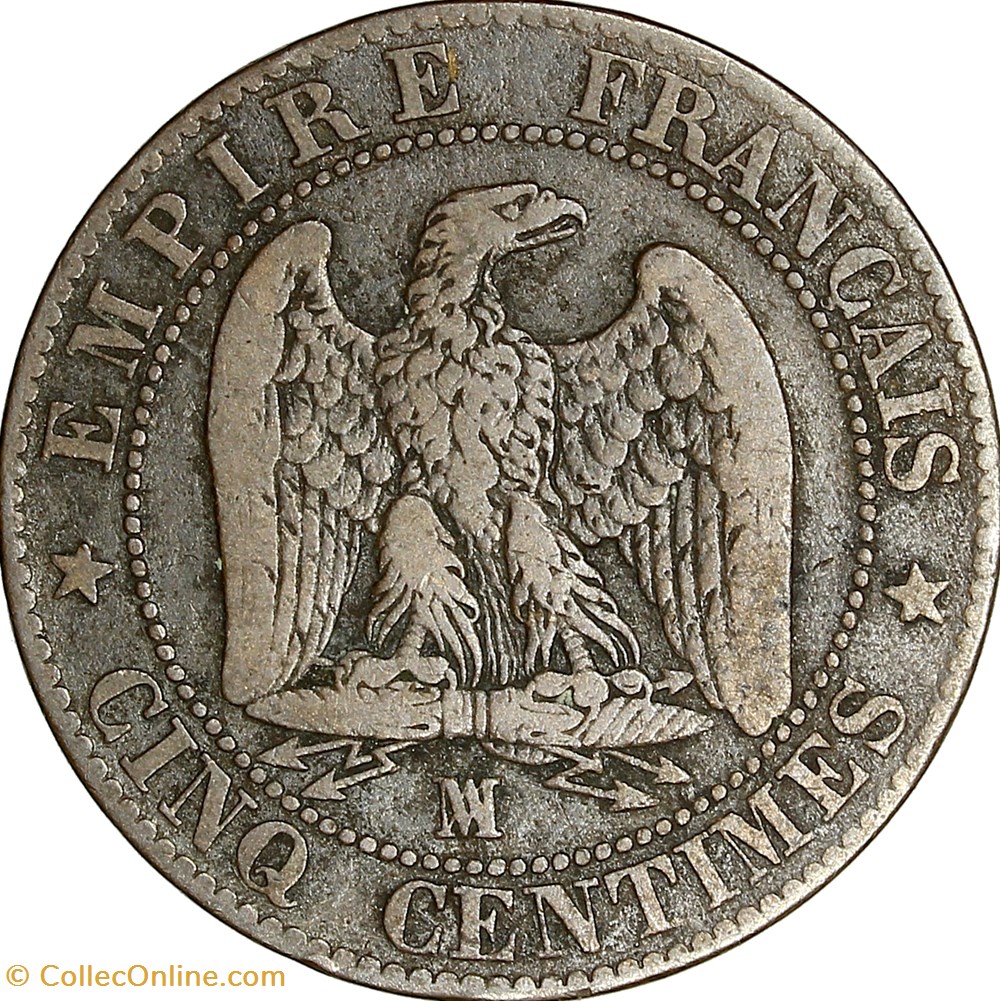 Cinq centimes, tête nue, Napoléon III, 1855, ancre, Marseille monnaies monde france cinq centimes tete nue napoleon iii 1855 ancre marseille