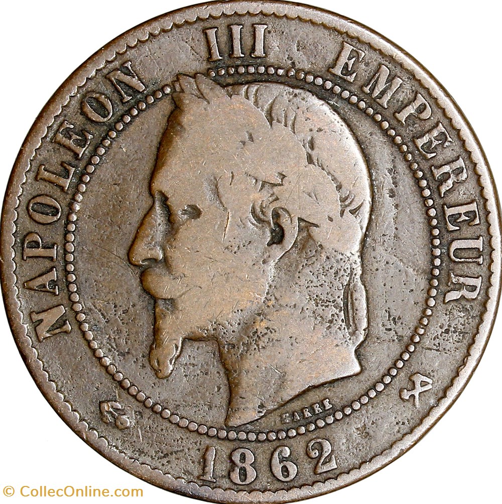 Dix centimes, tête laurée, Napoléon III, 1862, Bordeaux monnaies monde france dix centimes tete lauree napoleon iii 1862 bordeaux