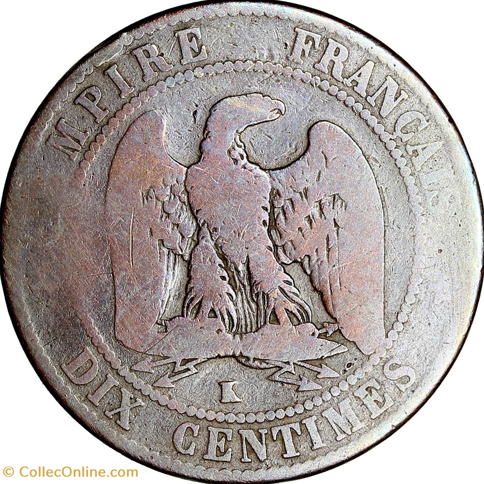 Dix centimes, tête nue, Napoléon III, 1853, feuille verticale, Bordeaux monnaies monde france dix centimes tete nue napoleon iii 1853 feuille verticale bordeaux