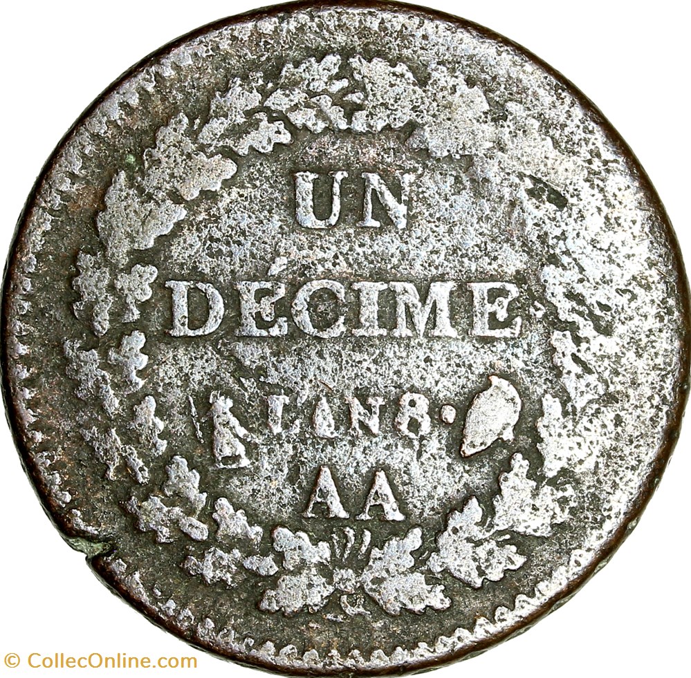 Un décime Dupré, grand module, le Consulat, an 8, Metz monnaies monde france un decime dupre grand module le consulat an 8 metz