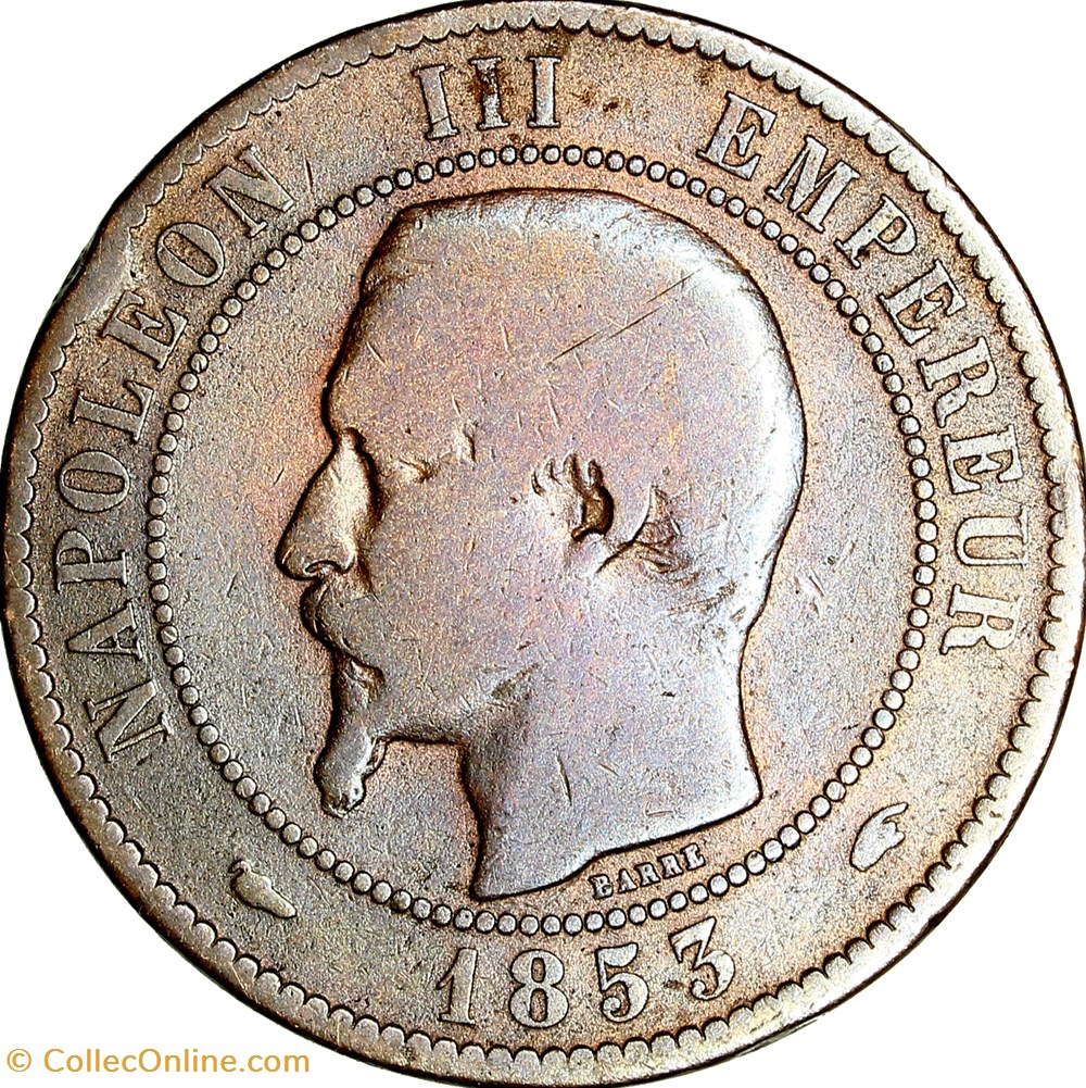 Dix centimes, tête nue, Napoléon III, 1853, Paris monnaies monde france dix centimes tete nue napoleon iii 1853 paris