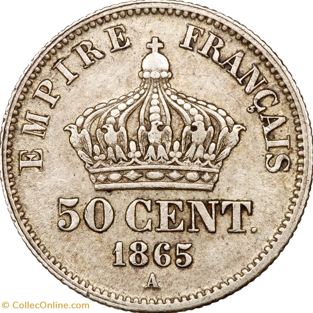 50 centimes, tête laurée, Napoléon III, 1865, Paris monnaies monde france 50 centimes tete lauree napoleon iii 1865 paris