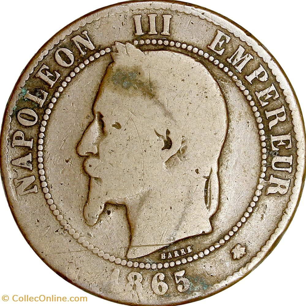 Dix centimes, tête laurée, Napoléon III, 1865, Paris monnaies monde france dix centimes tete lauree napoleon iii 1865 paris