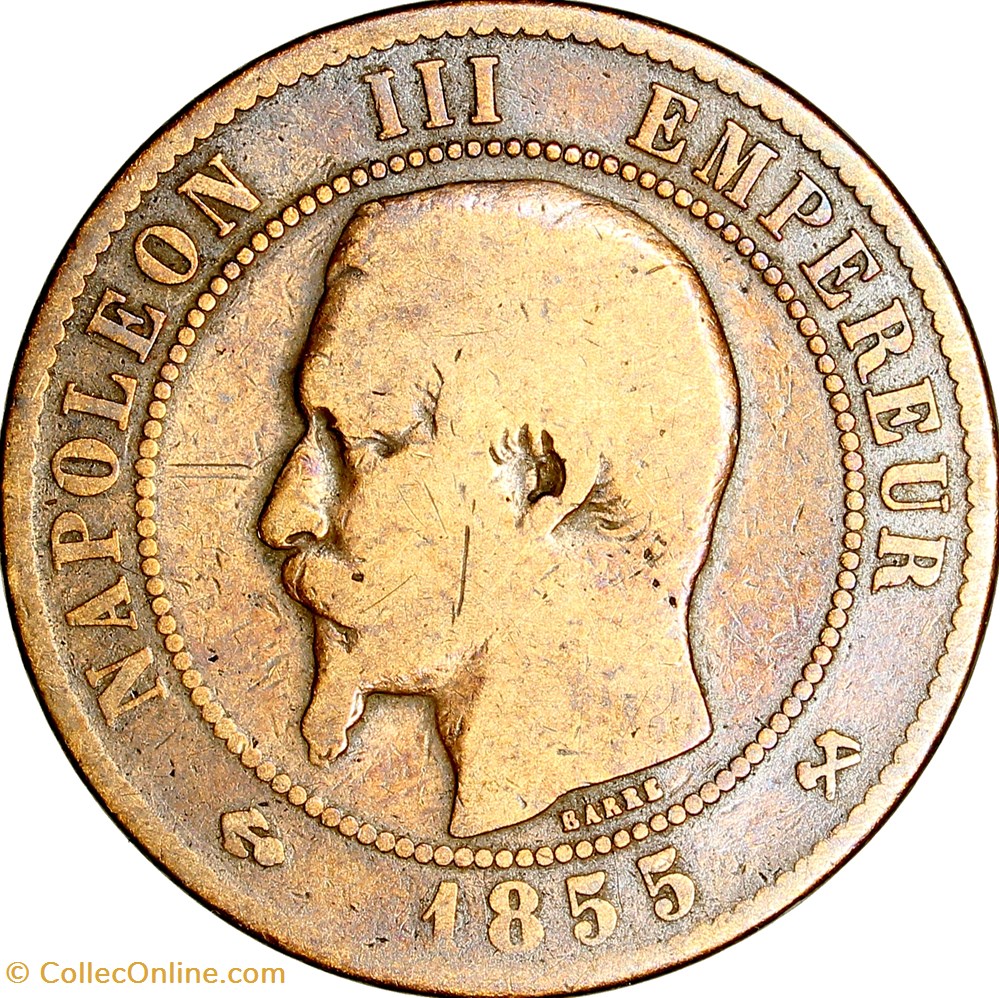 Dix centimes, tête nue, Napoléon III, 1855, ancre, Rouen monnaies monde france dix centimes tete nue napoleon iii 1855 ancre rouen