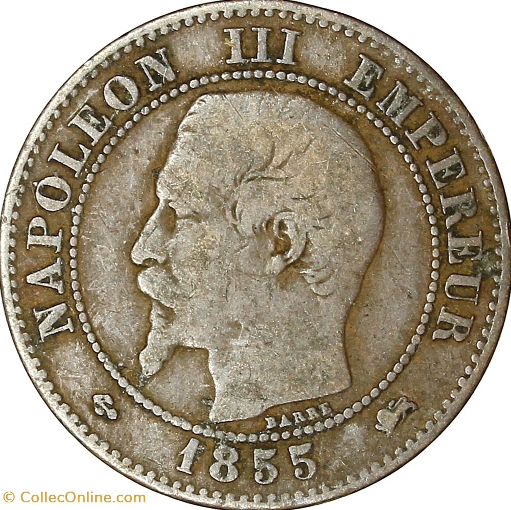 Deux centimes, tête nue, Napoléon III, 1855, ancre, grand lion, grand D, Lyon monnaies monde france deux centimes tete nue napoleon iii 1855 ancre grand lion grand d lyon