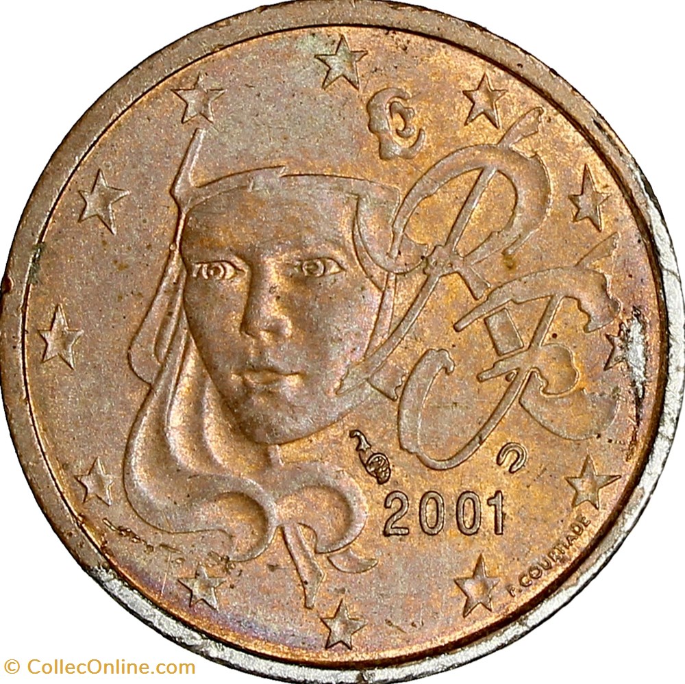 monnaies euros 2 centimes france 2001 cuivrage partiel