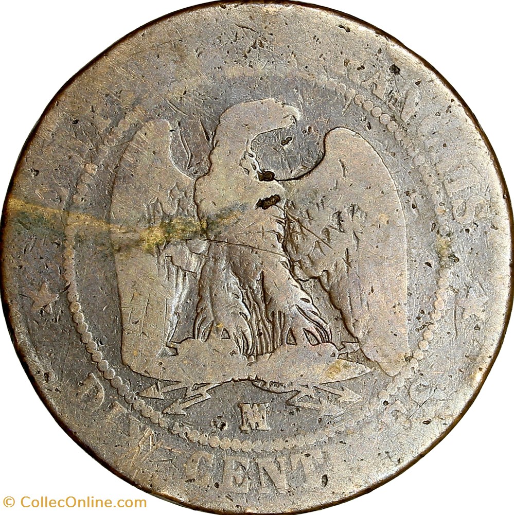 Dix centimes, tête nue, Napoléon III, 1853, coquille normale, Marseille monnaies monde france dix centimes tete nue napoleon iii 1853 coquille normale marseille