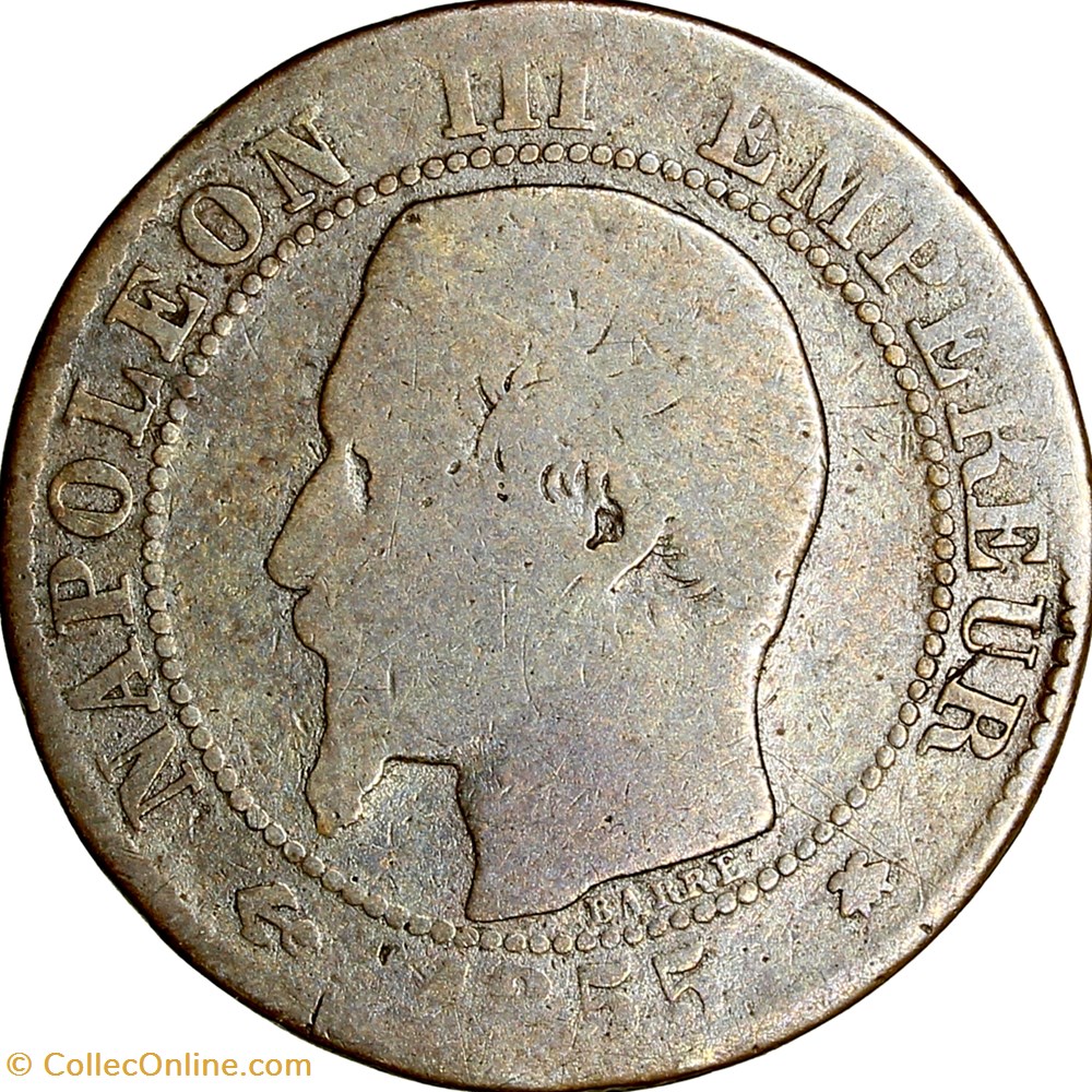 Cinq centimes, tête nue, Napoléon III, 1855, ancre, Strasbourg monnaies monde france cinq centimes tete nue napoleon iii 1855 ancre strasbourg