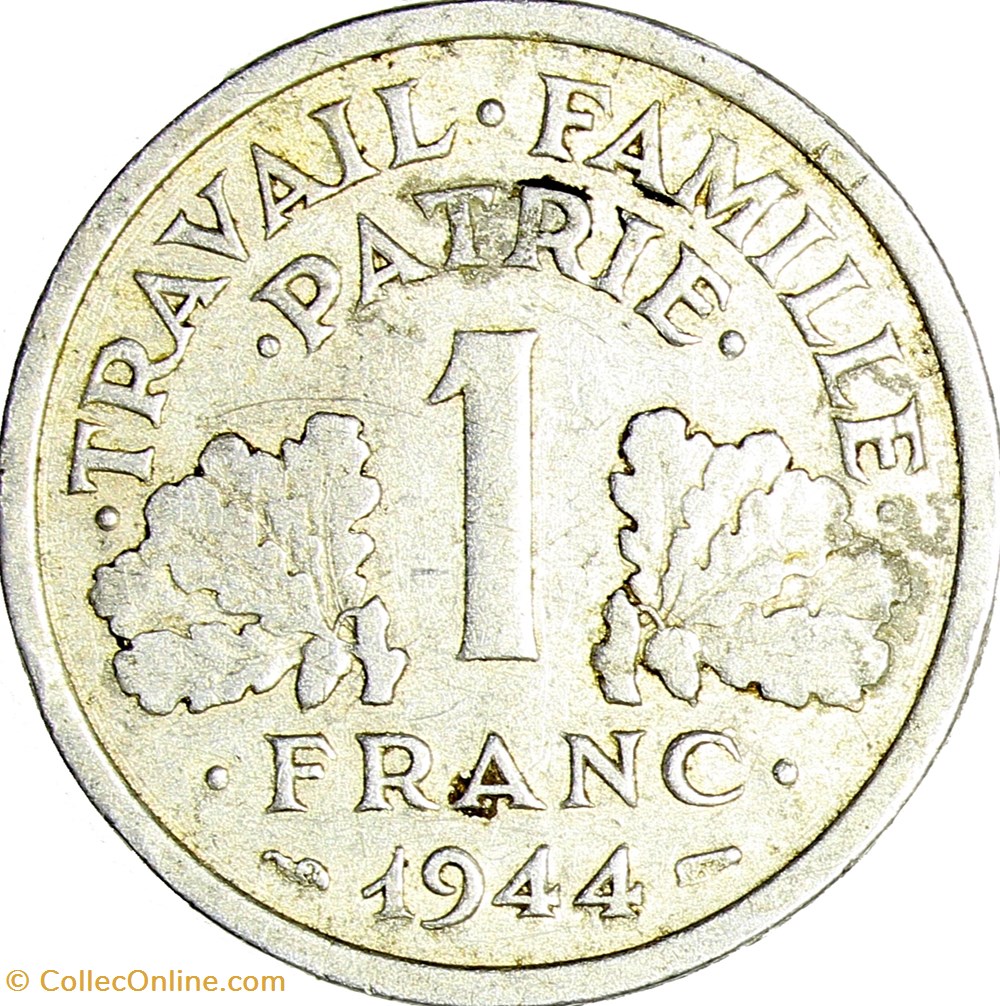 1 franc francisque, légère, Etat Français, 1944, Castelsarrasin, petit C monnaies monde france 1 franc francisque legere etat francais 1944 castelsarrasin petit c