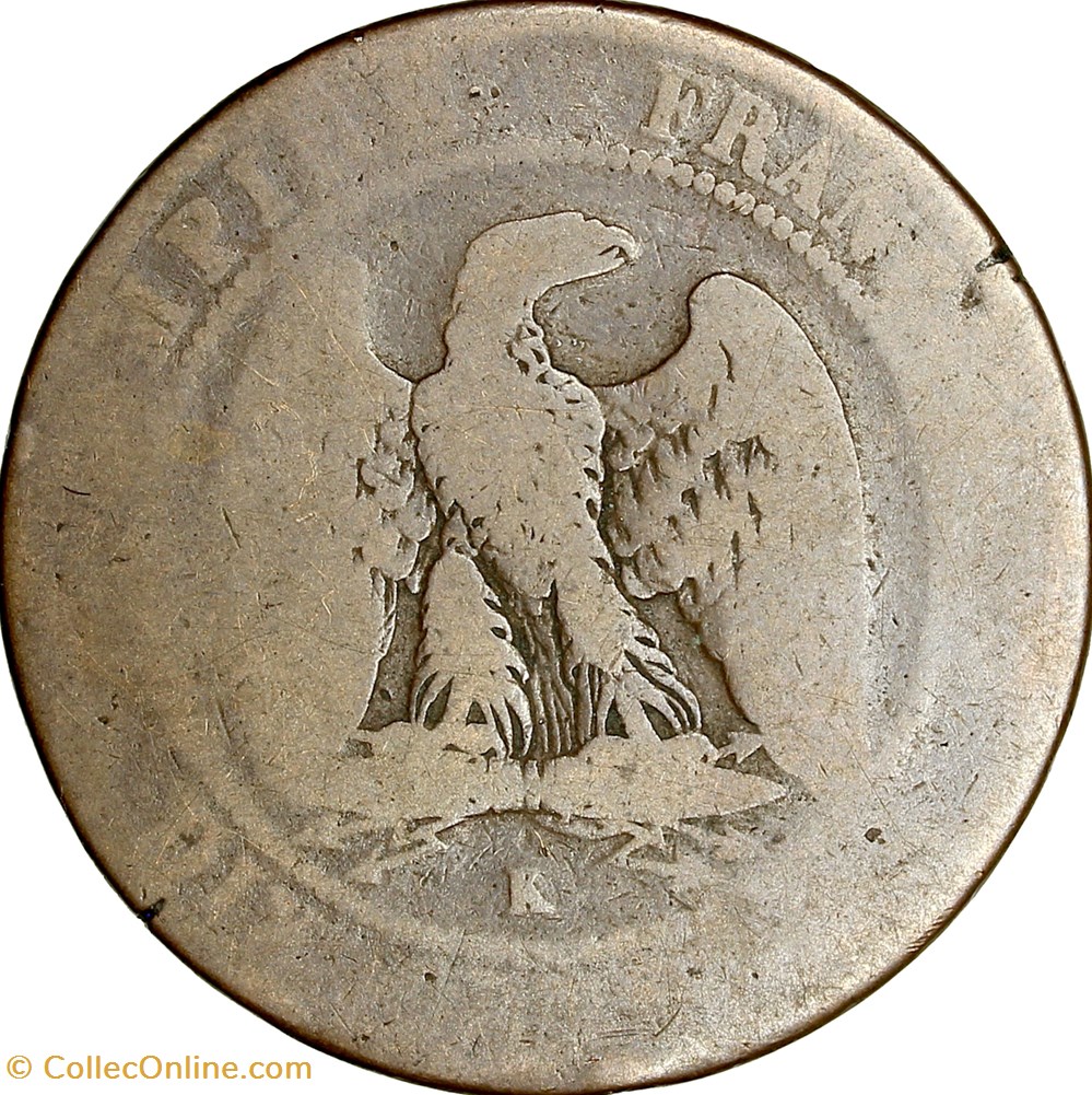 Dix centimes, tête nue, Napoléon III, 1853, feuille horizontale, Bordeaux monnaies monde france dix centimes tete nue napoleon iii 1853 feuille horizontale bordeaux