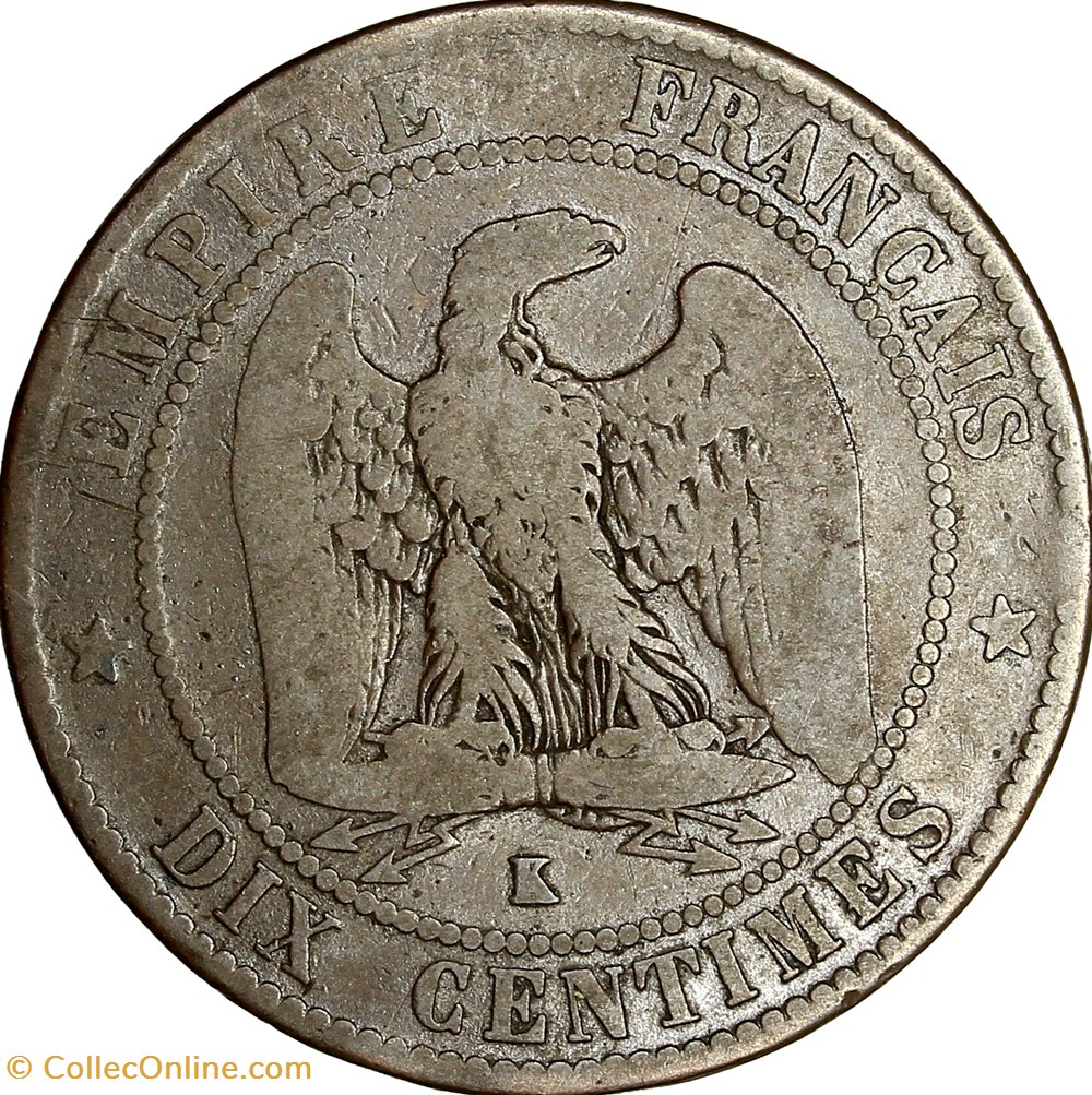 Dix centimes, tête nue, Napoléon III, 1855, chien, Bordeaux monnaies monde france dix centimes tete nue napoleon iii 1855 chien bordeaux