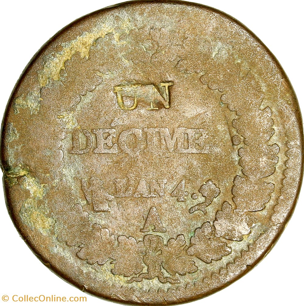 Un décime Dupré, modification du 2 décimes, Directoire, an 4, Paris monnaies monde france un decime dupre modification du 2 decimes directoire an 4 paris