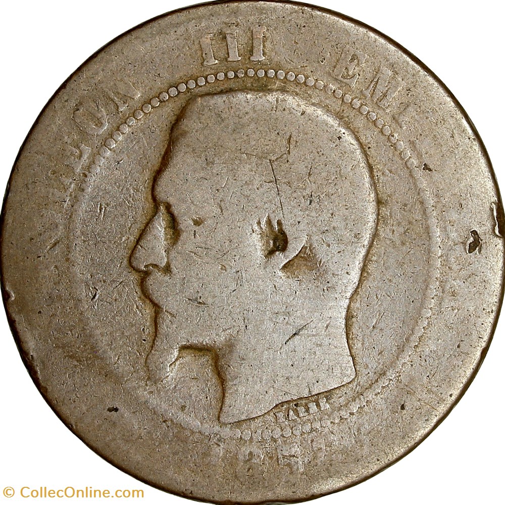 Dix centimes, tête nue, Napoléon III, 1855, chien, Lyon monnaies monde france dix centimes tete nue napoleon iii 1855 chien lyon