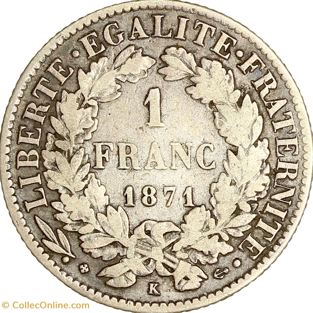 1 franc Cérès, IIIe République, 1871, Bordeaux monnaies monde france 1 franc ceres iiie republique 1871 bordeaux