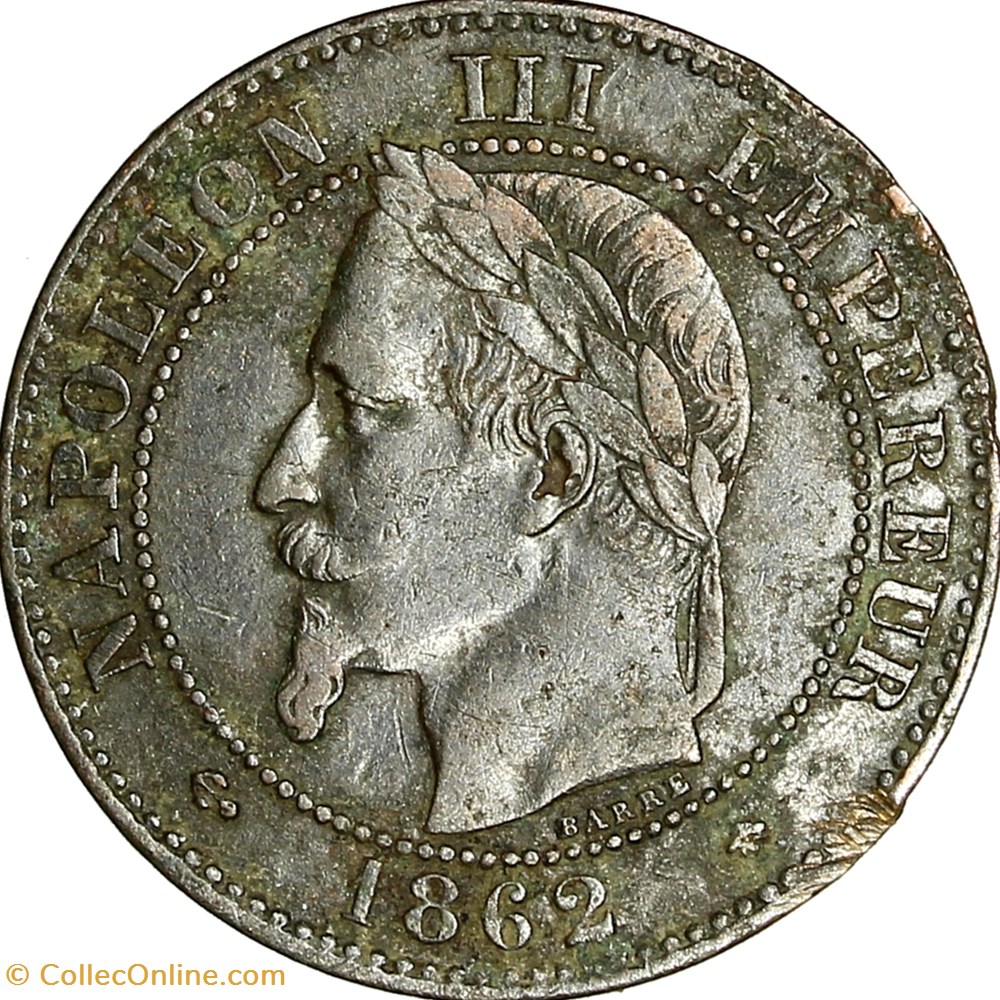 Deux centimes, tête laurée, Napoléon III, 1862, Paris monnaies monde france deux centimes tete lauree napoleon iii 1862 paris