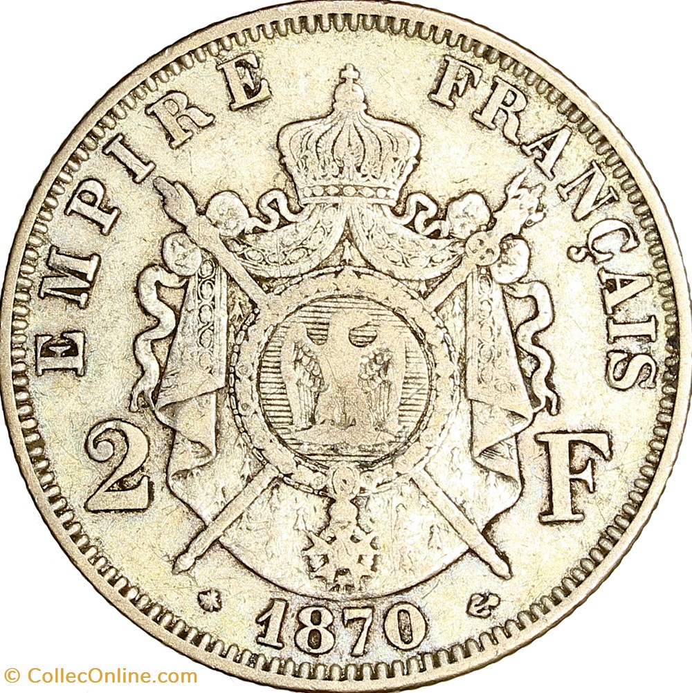 2 francs, tête laurée, Napoléon III, 1870, Paris monnaies monde france 2 francs tete lauree napoleon iii 1870 paris