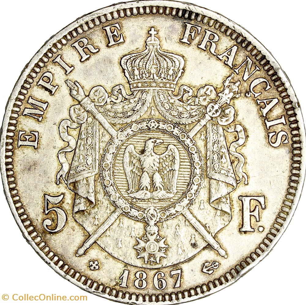 5 francs, tête laurée, Napoléon III, 1867, Strasbourg monnaies monde france 5 francs tete lauree napoleon iii 1867 strasbourg