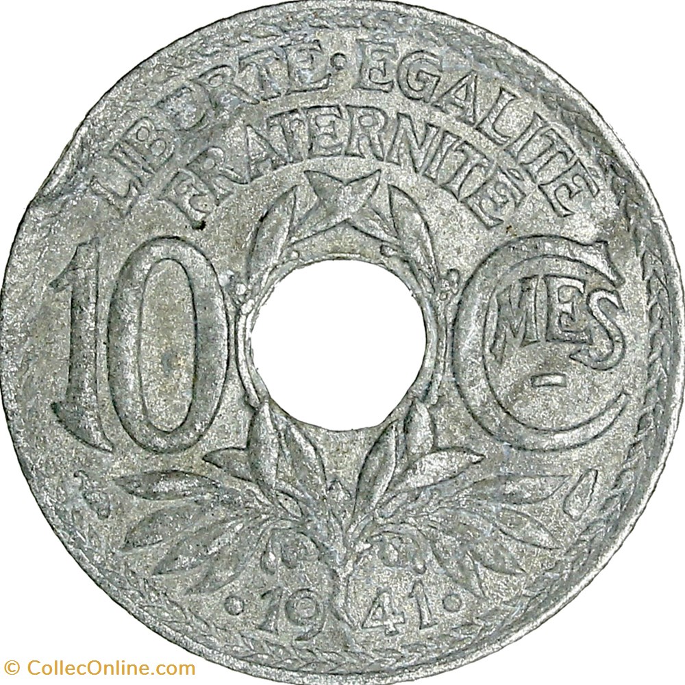 10 centimes Lindauer, zinc, Etat Français, • 1941 •, Cmes souligné, flan cloqué monnaies france modernes 10 centimes lindauer zinc etat francais 1941 cmes souligne flan cloque