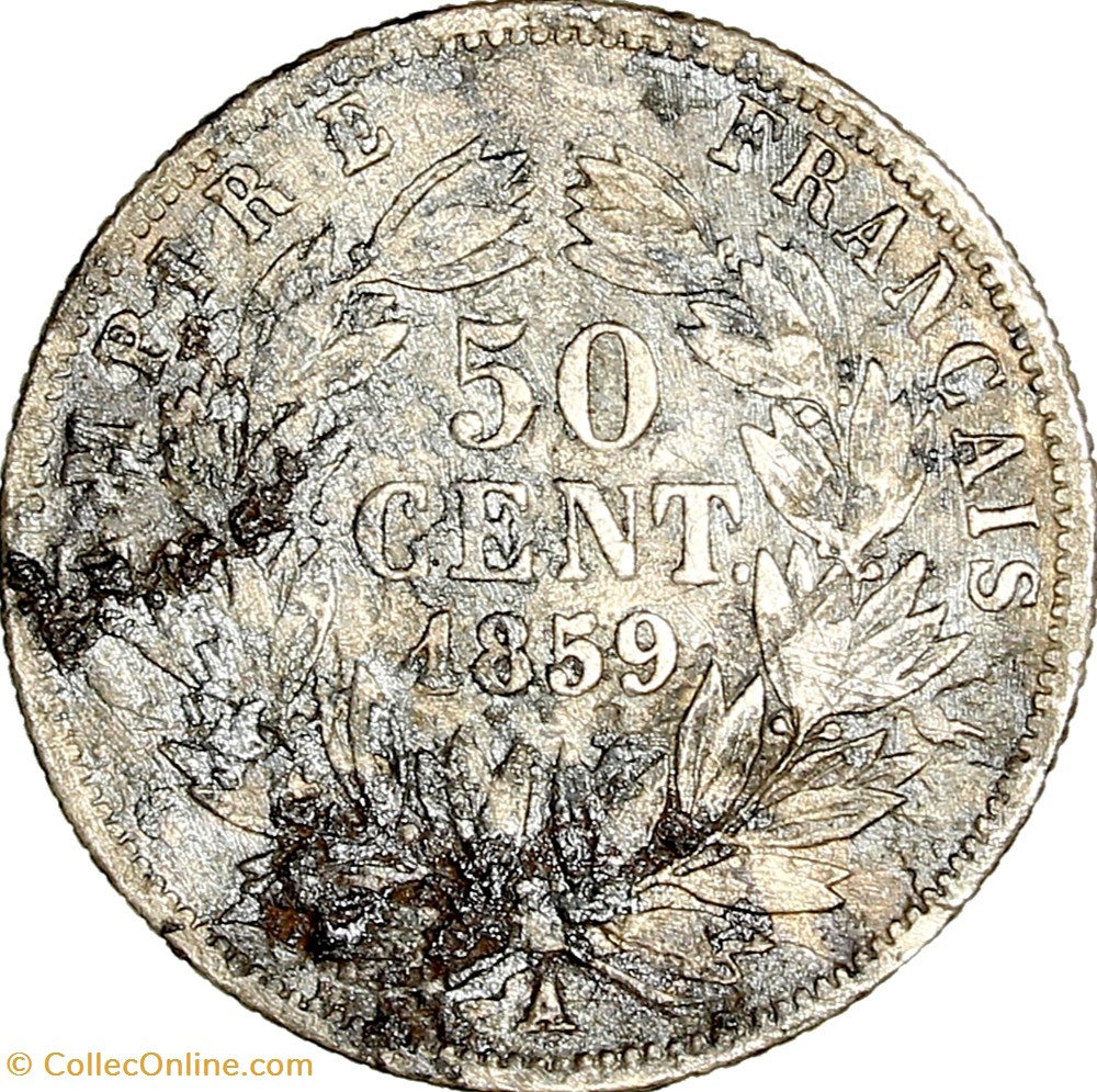 50 centimes, tête nue, Napoléon III, 1859, Paris monnaies monde france 50 centimes tete nue napoleon iii 1859 paris
