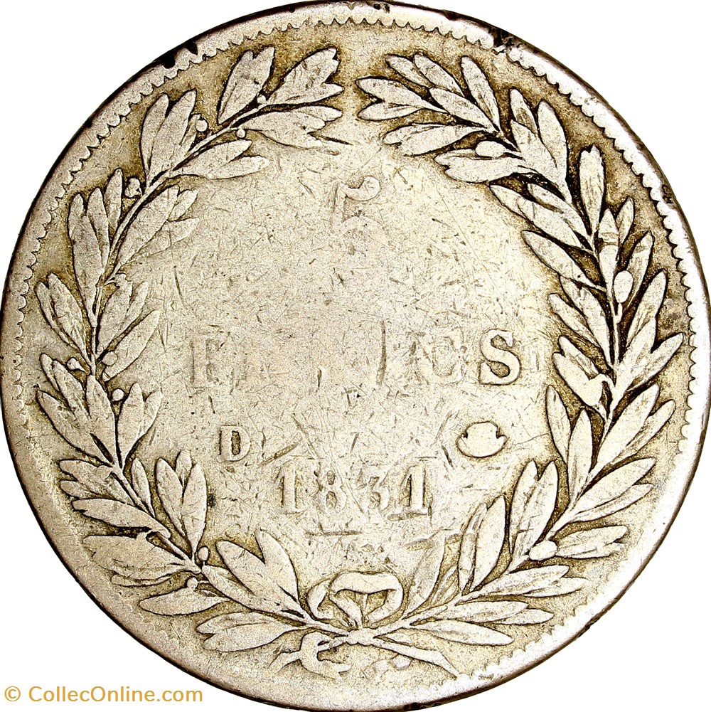 5 francs, type Tiolier, avec I, tranche en creux, Louis-Philippe Ier, 1831, Lyon monnaies monde france 5 francs type tiolier avec i tranche en creux louis philippe ier 1831 lyon