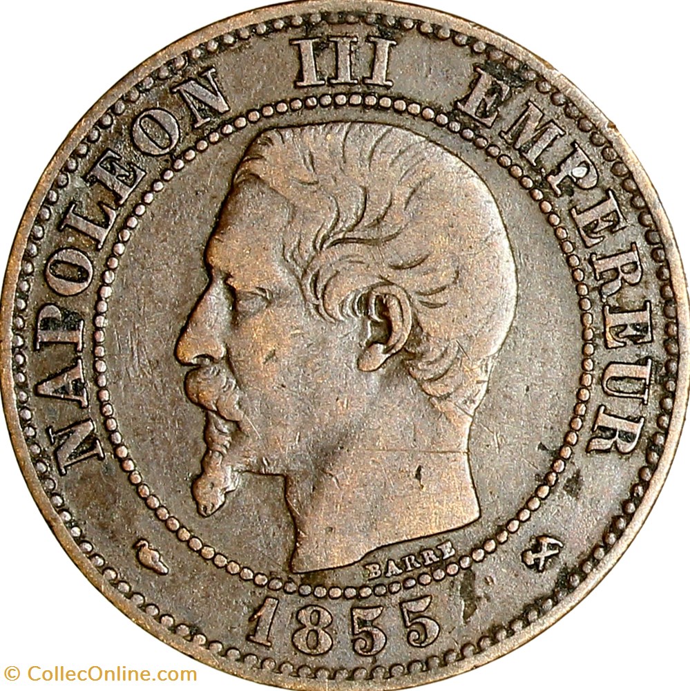 Deux centimes, tête nue, Napoléon III, 1855, chien, Rouen monnaies monde france deux centimes tete nue napoleon iii 1855 chien rouen