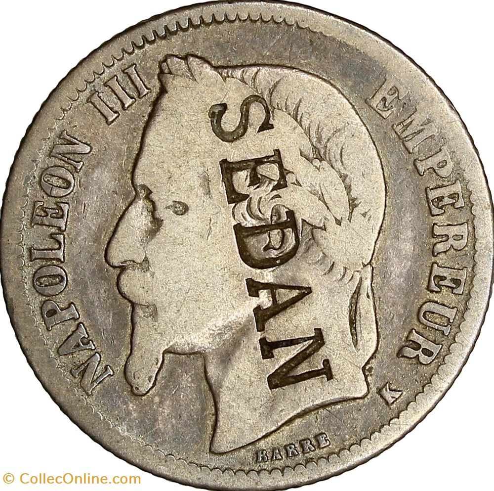 1 franc, tête laurée, Napoléon III, 1867, Bordeaux, contremarque SEDAN monnaies france modernes 1 franc tete lauree napoleon iii 1867 bordeaux contremarque sedan