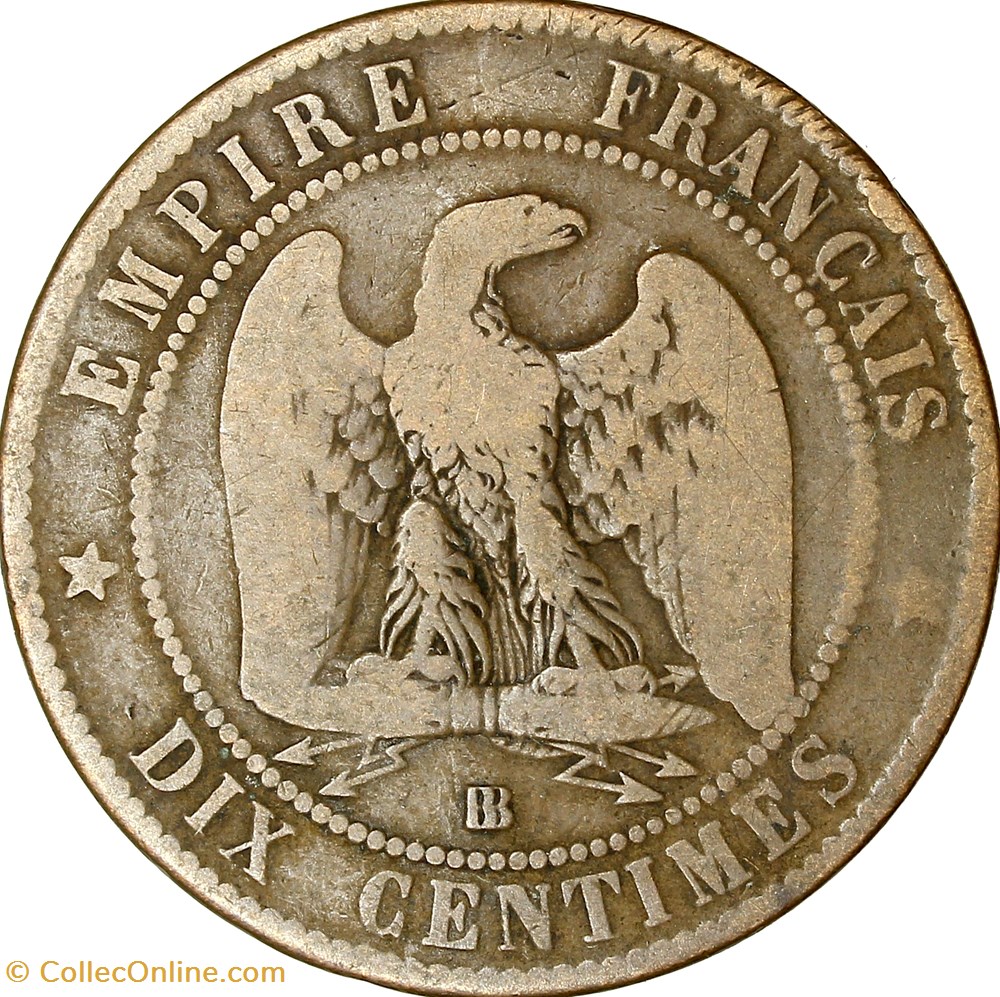 Dix centimes, tête laurée, Napoléon III, 1865, Strasbourg monnaies monde france dix centimes tete lauree napoleon iii 1865 strasbourg