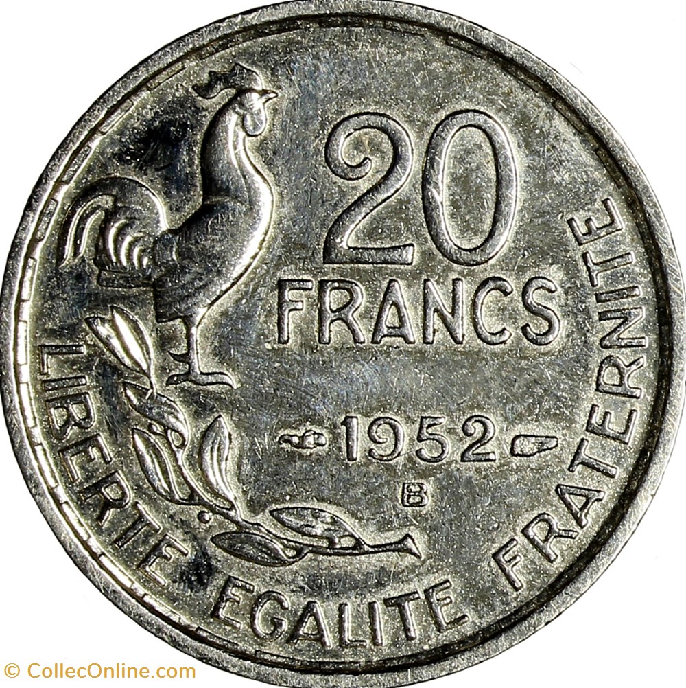 20 francs G. Guiraud, IVe République, 1952, Beaumont-le-Roger, placage ou erreur de flan monnaies france modernes 20 francs g guiraud ive republique 1952 beaumont le roger placage ou erreur de flan