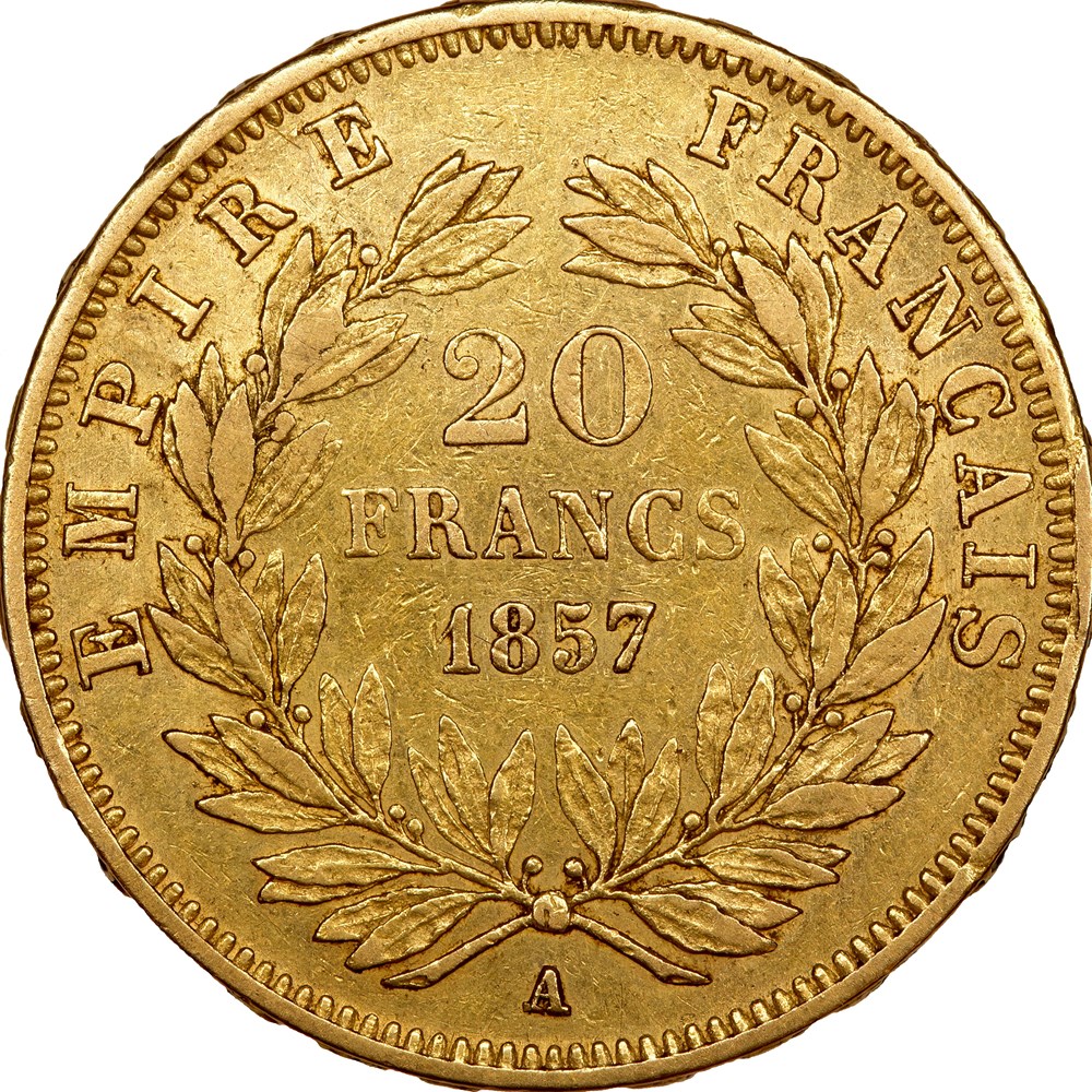 20 francs, tête nue, Napoléon III, 1857, Paris monnaies monde france 20 francs tete nue napoleon iii 1857 paris