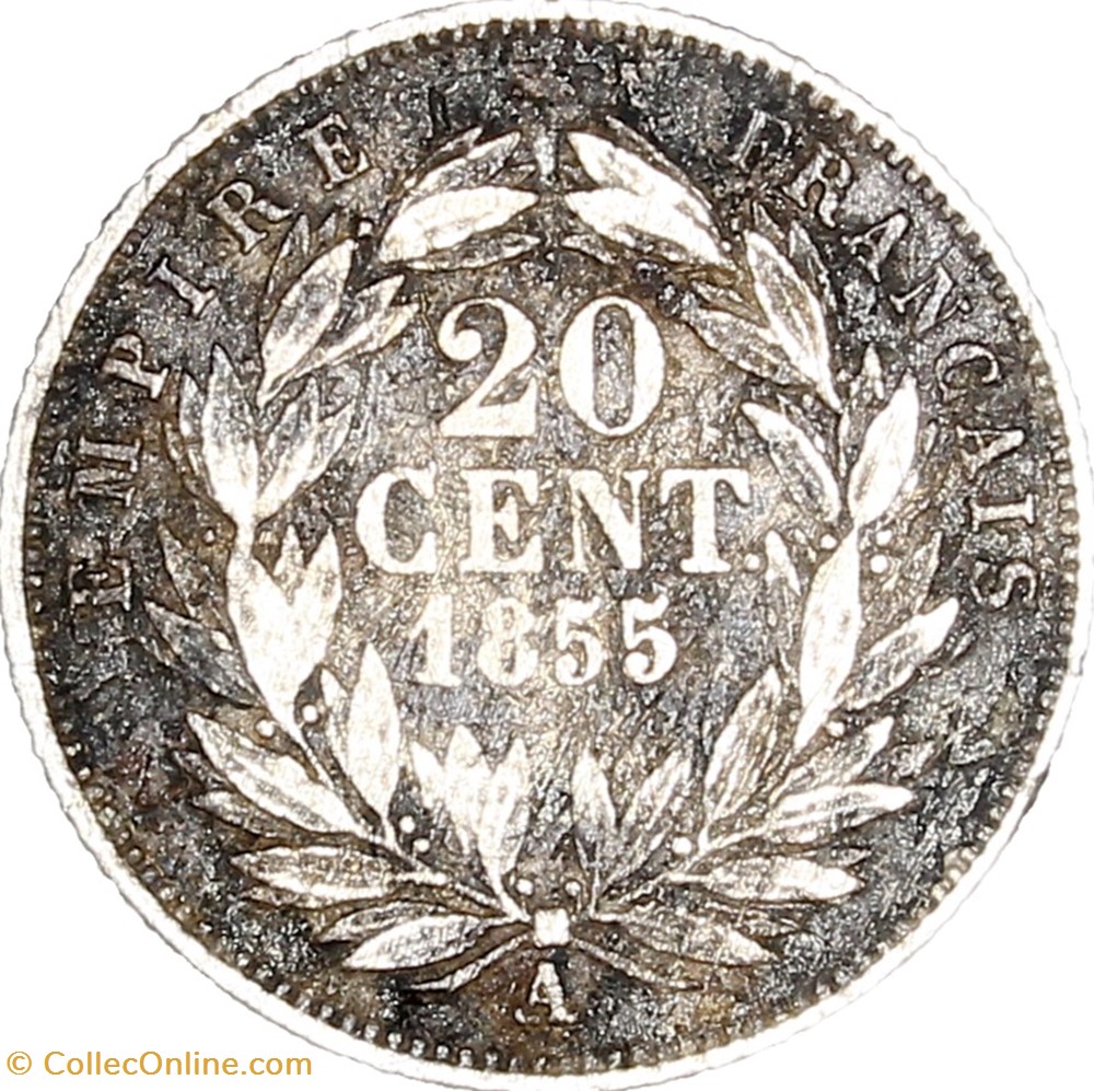 20 centimes, tête nue, Napoléon III, 1855, Paris monnaies monde france 20 centimes tete nue napoleon iii 1855 paris