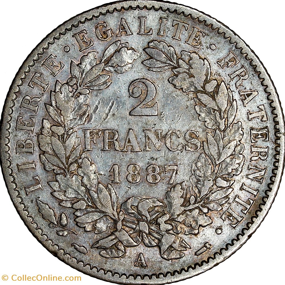 2 francs Cérès, avec légende, IIIe République, 1887, Paris monnaies monde france 2 francs ceres avec legende iiie republique 1887 paris